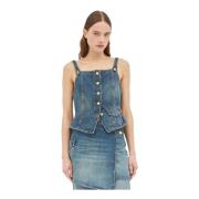 Ganni Fyrkantig Hals Denim Topp Blue, Dam