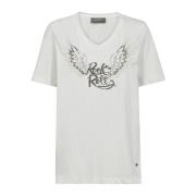 MOS Mosh Broderad T-shirt med V-ringning Beige, Dam