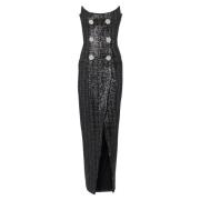 Balmain Ärmlös Lång Tweedklänning med Glitter Black, Dam