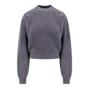 Balenciaga Ull Cropped Sweater med Logo Patch Gray, Dam