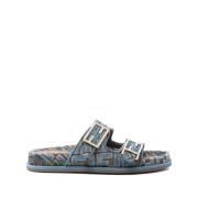 Fendi Blå Dubbel Spänne Platta Sandaler Blue, Dam