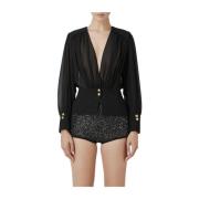 Elisabetta Franchi Georgette blus med basque och långa ärmar Black, Da...