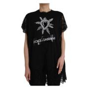 Dolce & Gabbana Svart spets T-shirt med Sacred Heart Print Black, Dam