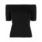 Alexander McQueen Svart Off-Shoulder Ribbad Kortärmad Topp Black, Dam