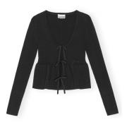 Ganni Ribbstickad Cardigan med Slips Black, Dam