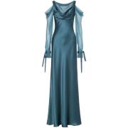 Alberta Ferretti Teal Blue Satinklänning med Genomskinliga Paneler Blu...