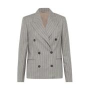 Brunello Cucinelli Taupe Ull Pinstripe Jacka med Kedja Gray, Dam