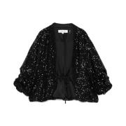 Diane Von Furstenberg Svart Paljett Mesh Jacka med Rynkade Detaljer Bl...