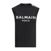 Balmain Räfflad Crew Neck Ärmlös Bomullstopp Black, Dam