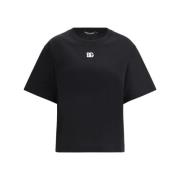 Dolce & Gabbana Logotyp T-shirt med ribbad rund hals Black, Dam