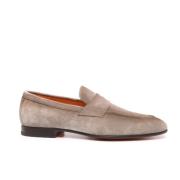 Santoni Suede Slip-On Loafers Almond Toe Beige, Herr