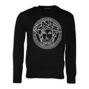 Versace Broderad Crew Neck Tröja Svart Black, Herr