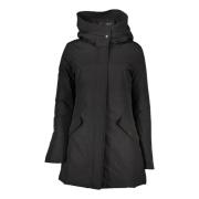 Woolrich Svart huva parka med fickor och logotyp Black, Dam