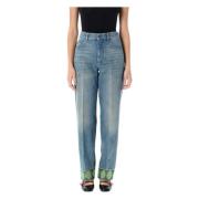 Valentino Garavani Denim Crop Jacquard Trim Straight Leg Blue, Dam