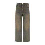 Pinko Denim Straight Byxor med Läder Patch Brown, Dam