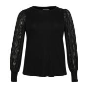 Kaffe Curve Elegant Jerseyblus med Spetsärmar Black, Dam