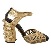 Dolce & Gabbana Svarta Guld Läder Studded Ankelremsskor Multicolor, Da...