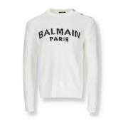 Balmain Logo Bomullströja med Rund Hals White, Herr