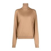 Saint Laurent Ullribbad Pullover med Hög Krage Brown, Dam