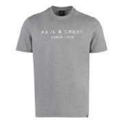 Paul & Shark Bomull Logo T-shirt Ribbad Halsringning Gray, Herr