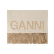 Ganni Beige Fransad Ull Sjal White, Dam