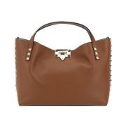 Valentino Garavani Kornat Läder Rockstud Tote Väska Brown, Dam