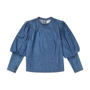 Munthe Elegant Puffärm Denim Blus Blue, Dam