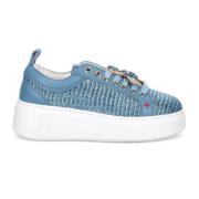 Gio+ Ljusblå lädersneakers med raffia Blue, Dam