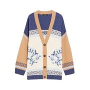 Max Mara Jacquard V-Neck Cardigan Henry Blå Beige Multicolor, Dam