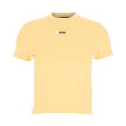 Jacquemus Beige Crewneck T-shirt med Logo Patch Beige, Dam