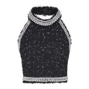 Balmain Broderad prickig tweed halterneck top Black, Dam