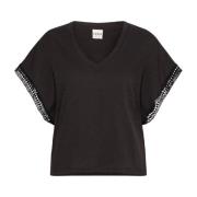 ICHI Svart Feminin Tee med Broderade Kanter Black, Dam