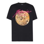 Balmain Tryckt Univere-logotyp och planet T-shirt Black, Herr