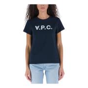 A.P.C. Vit Bomull T-shirt med APC Logo Blue, Dam