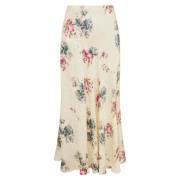 LOVESHACKFANCY Blommig Sidens Maxi Kjol Beige, Dam