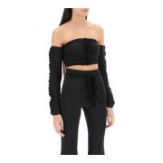 ROTATE Birger Christensen Glänsande Off-Shoulder Rynkad Cropped Top Bl...