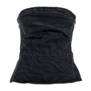 ROTATE Birger Christensen Zebramönstrad Denim Strapless Top Black, Dam