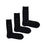 Emporio Armani Svart Bomull Crew Socks AllOver Logo Black, Herr