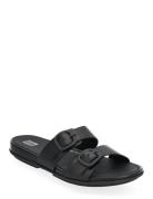 Gracie Rubber-Buckle Two-Bar Leather Slides Black FitFlop