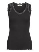 Rmwbalta Modal Sl Lace V-Neck Top Black RM By Rosemunde