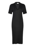 Fine Knit Rib Collar Dress Black Davida Cashmere