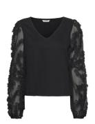 3D Floral Sleeve V-Neck Top Black Bubbleroom