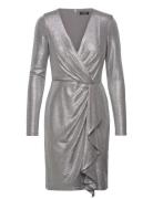 Lauren Ralph Lauren Metallic Knit Surplice Cocktail Dress Silver