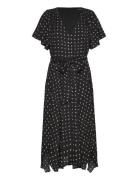 Geo-Print Crepe Flutter-Sleeve Dress Knälång Klänning Black Lauren Ral...