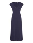 V-Neck Cotton Dress Knälång Klänning Navy Mango