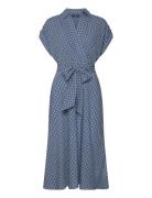 Polka-Dot Belted Crepe Dress Knälång Klänning Blue Lauren Ralph Lauren