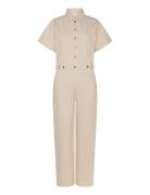 Mango Denim Jumpsuit With Multi-Position Buttons Beige