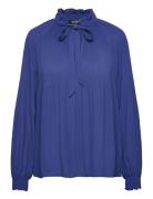 Pleated Georgette Tie-Neck Blouse Tops Blouses Long-sleeved Blue Laure...