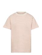 T-Shirt Ss Striped Rib Tops T-shirts Short-sleeved Beige Huttelihut