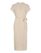 V-Neck Short Sleeve Wrap Dress Knälång Klänning Beige Bubbleroom